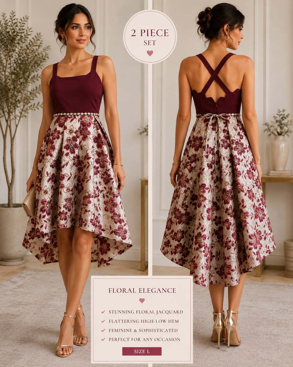 Xtraordinary 2-Piece Burgundy Scalloped Top and Floral Jacquard Hi-Low Skirt Set